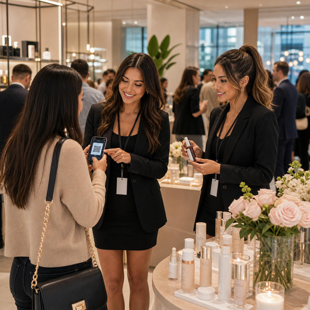 Brand ambassadors helping a guest scan a QR code during a beauty product event