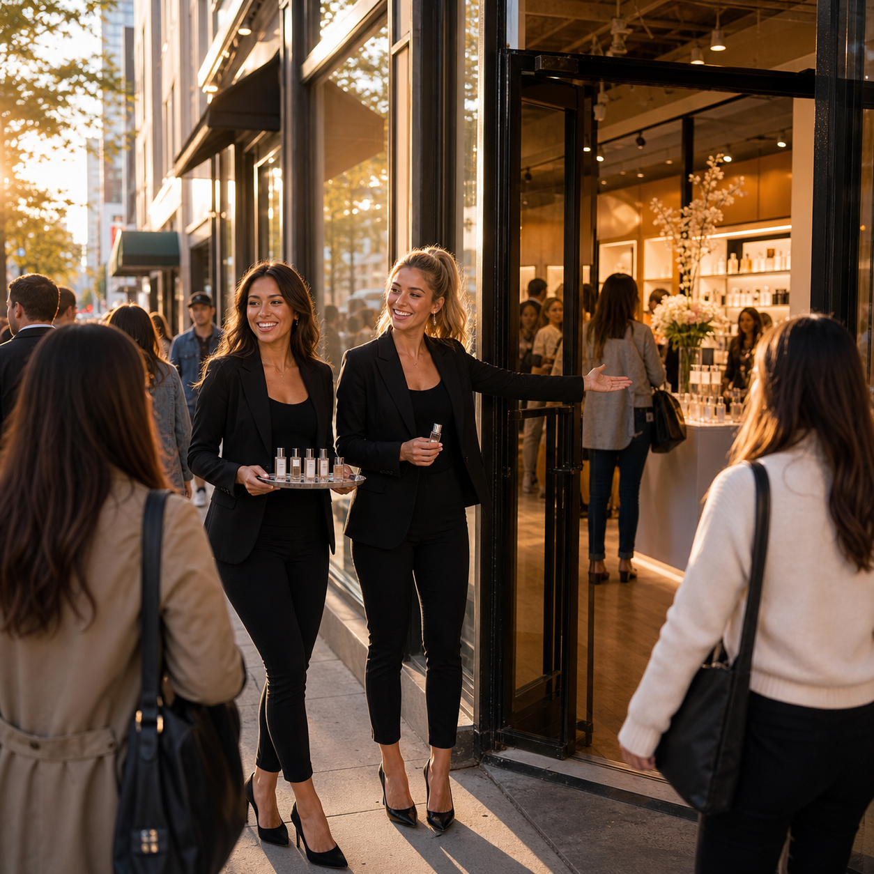 Brand ambassadors welcoming guests outside a retail storefront activation
