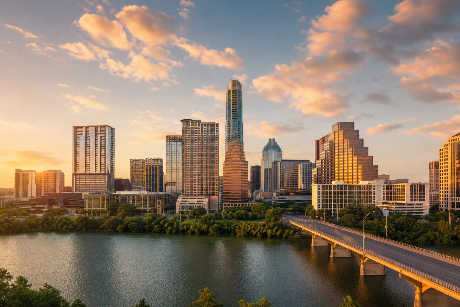 Austin skyline at golden hour with riverfront foreground and a polished downtown view