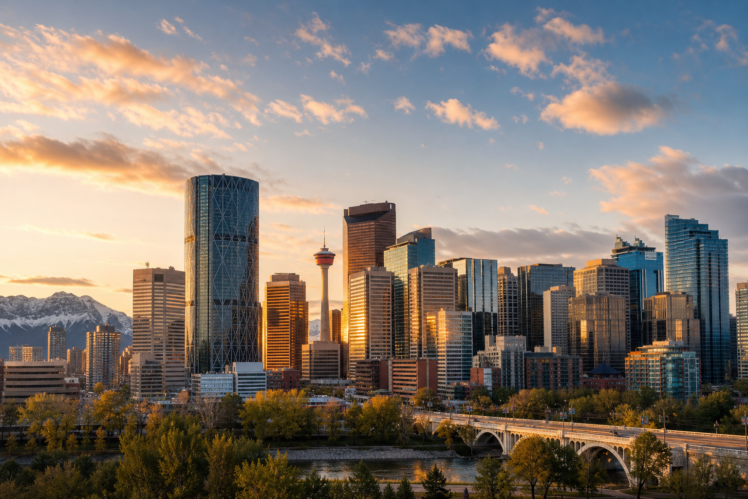 Calgary skyline at golden hour with the Calgary Tower above a polished downtown view
