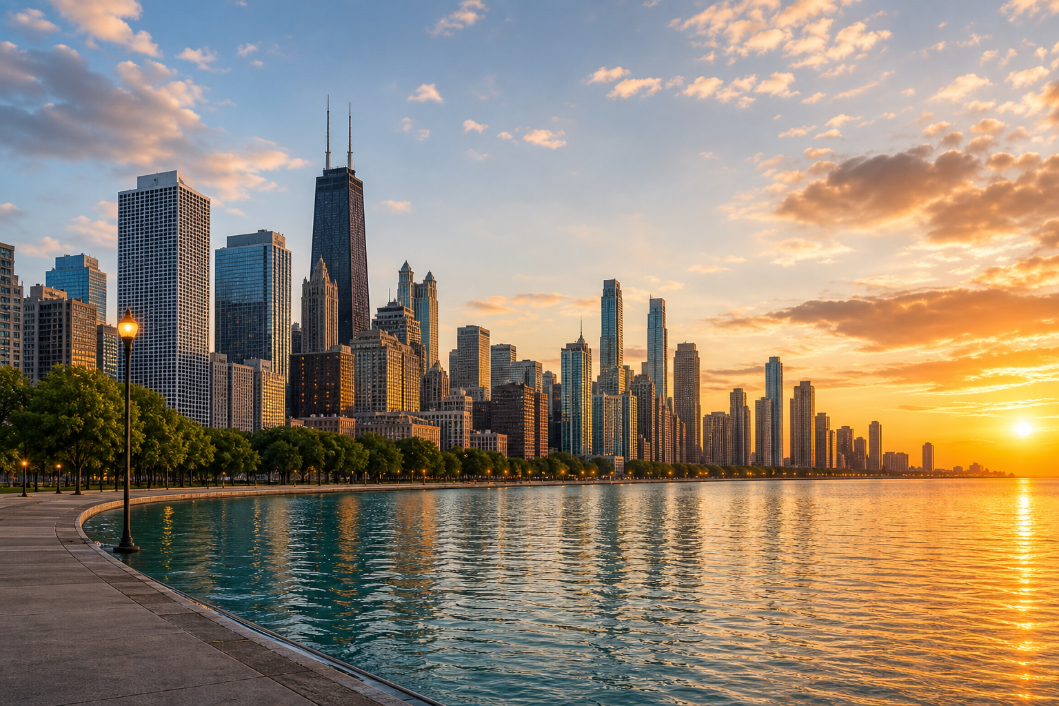 Chicago skyline at golden hour with waterfront reflections and dense downtown towers