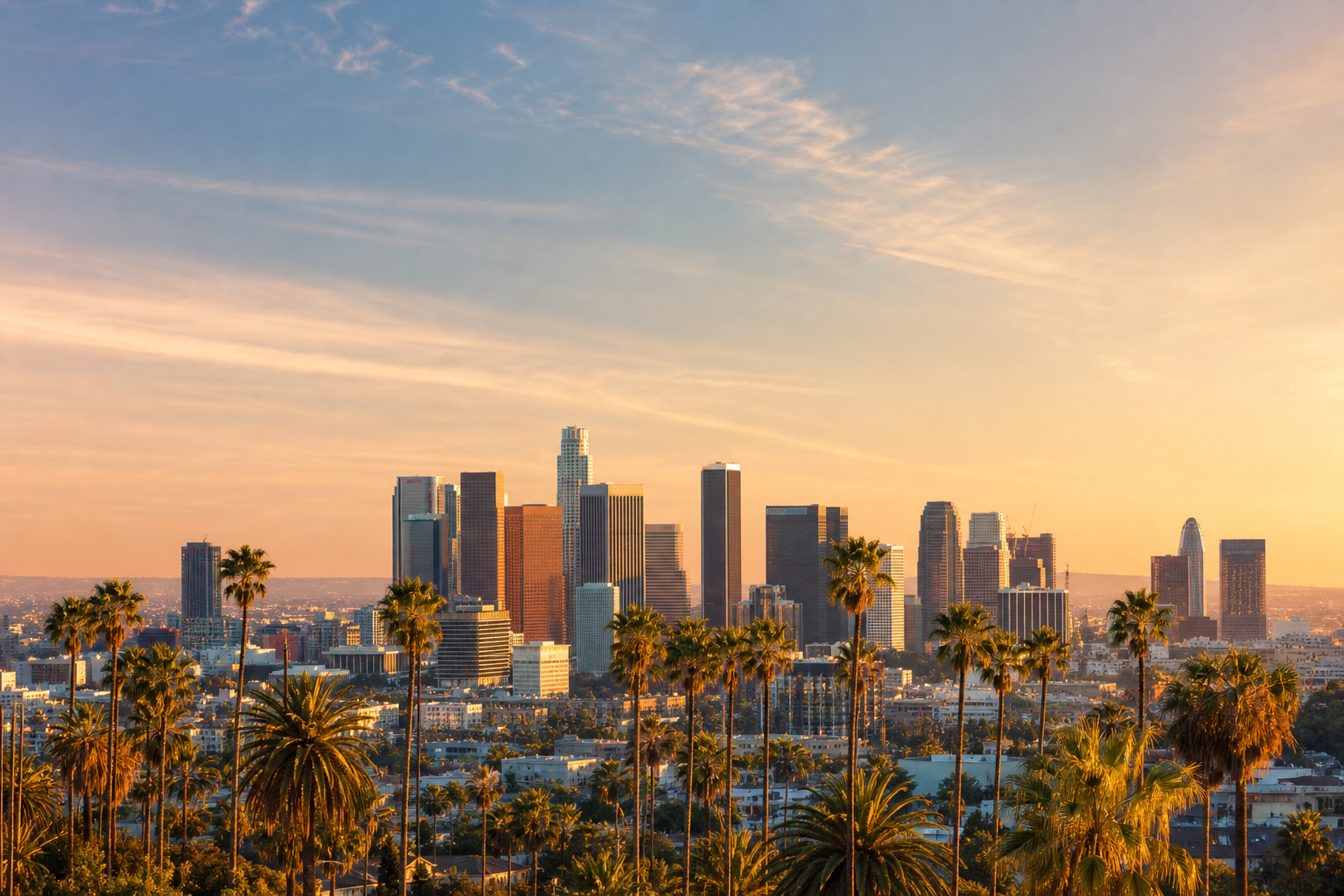 Los Angeles skyline at golden hour with palm-lined foreground and warm west-coast light