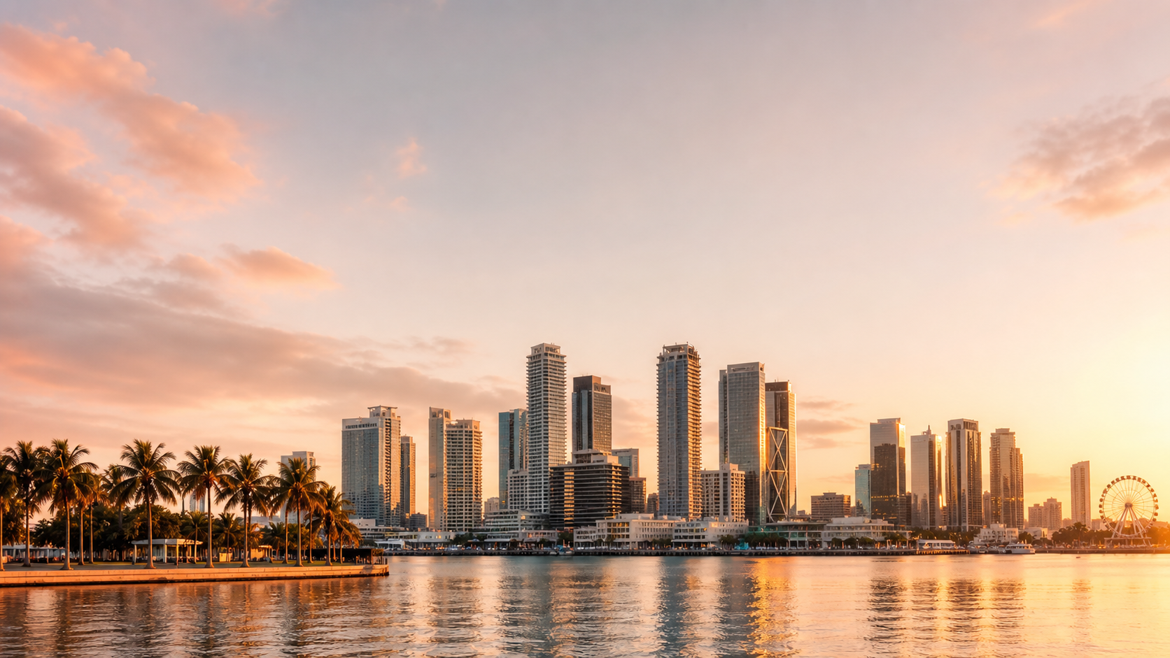 Miami skyline at golden hour above the waterfront