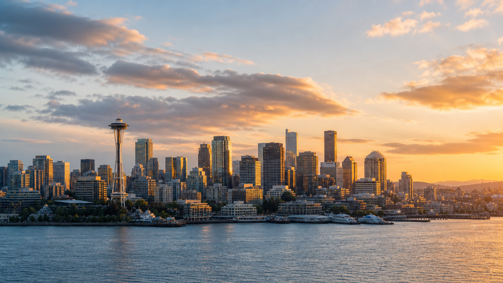 Seattle skyline at golden hour with the Space Needle above Elliott Bay