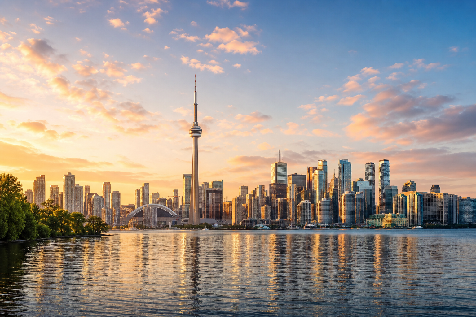 Toronto skyline at golden hour with the CN Tower above the waterfront