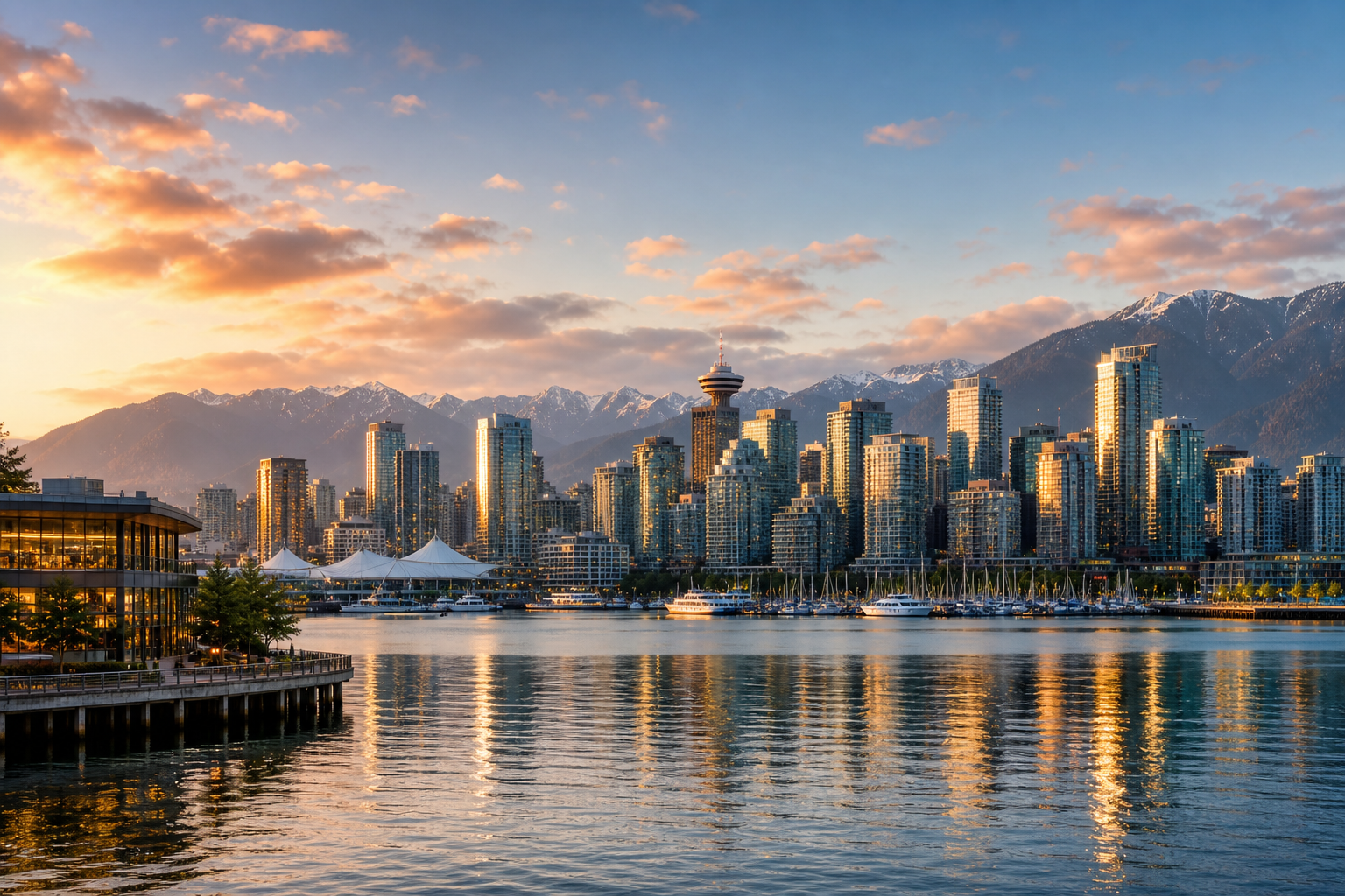 Vancouver skyline at golden hour with mountains and waterfront reflections